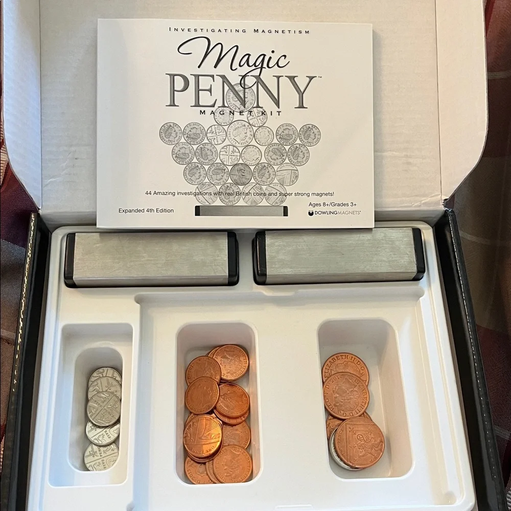 Magic Penny Magnet Kit Magic 44 Trick Set in with Directions, Faux Coins EUC